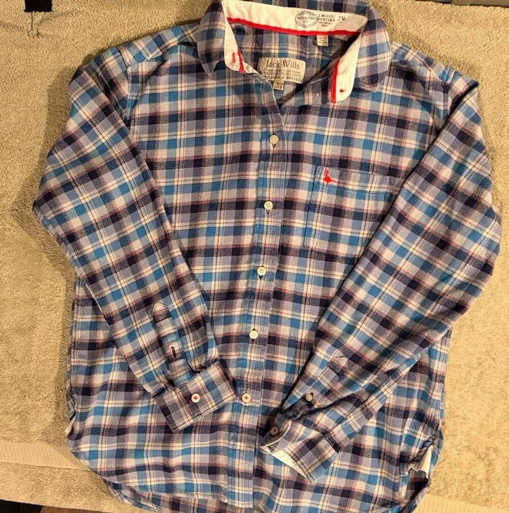 Jack Wills Plaid Flannel Boyfriend Shirt Size 14 Blue Long Sleeve